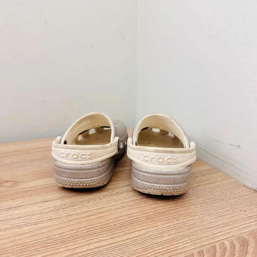 Crocs Silver Classic Glitter Clogs With Charms Girls Size 9